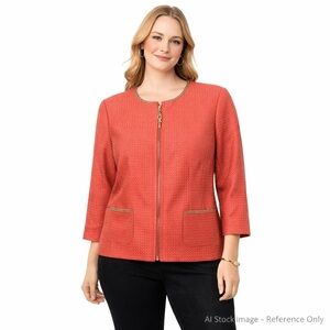 Nue Options Venice Tweed Blazer Size 6 Melon Gold Trim Zip Front NWT